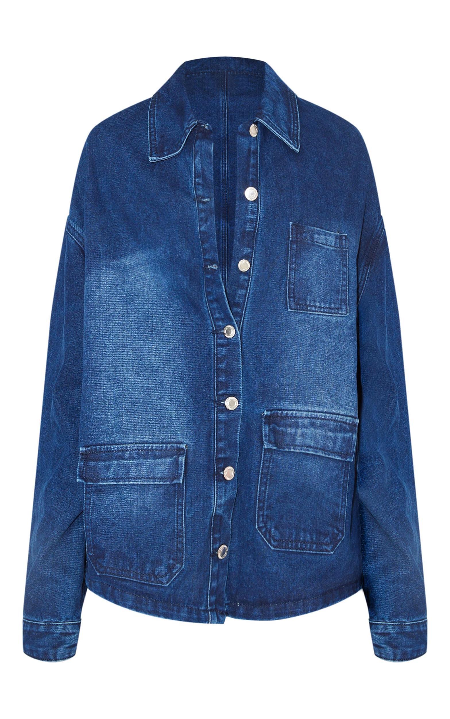 Tall Dark Indigo Wash Front Pocket Detail Boxy Denim Jacket Product Image