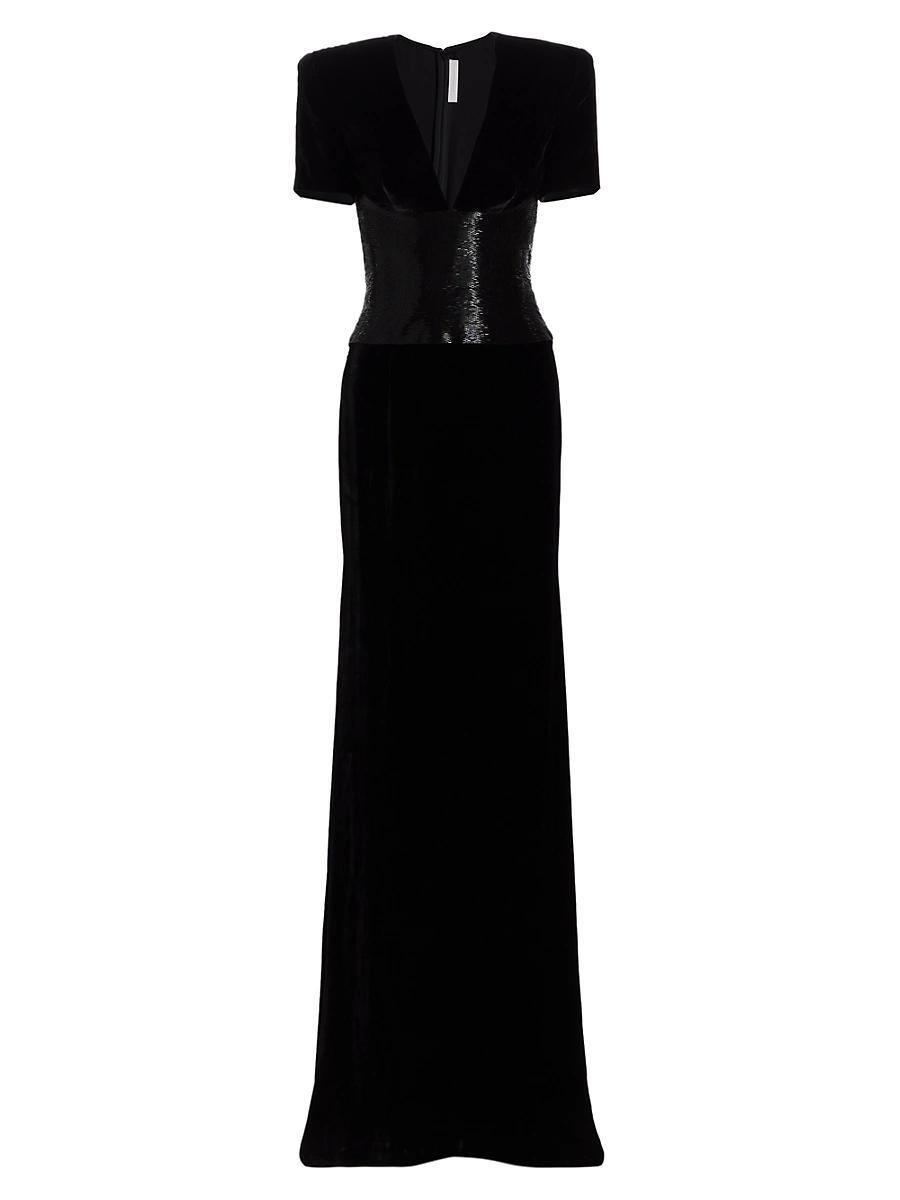 Womens Velvet Sequined Waist A-Line Gown Product Image