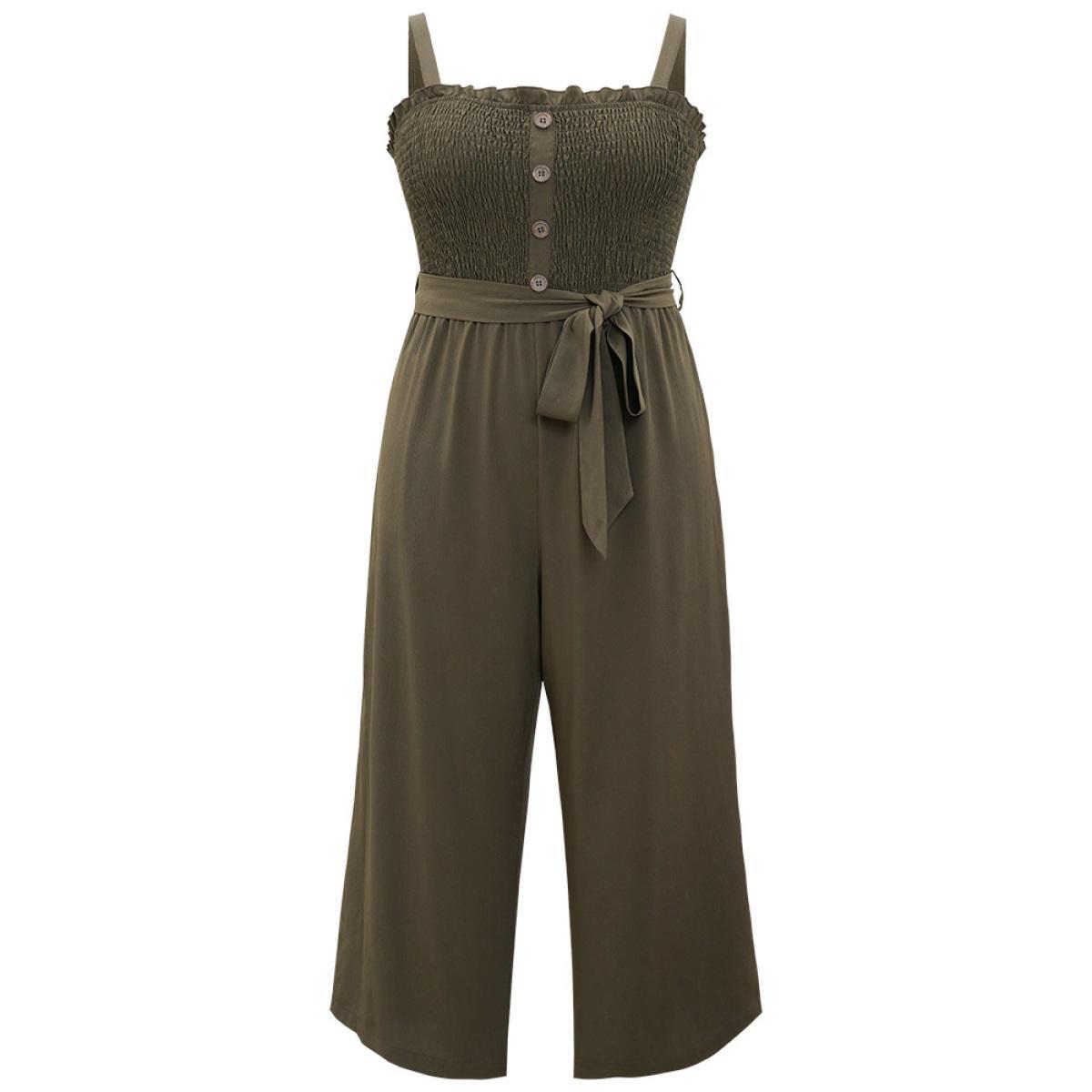 Plus Size ArmyGreen Shirred Frill Trim Belted Button Detail Cami Jumpsuit Women Elegant Sleeveless Square Neck Dailywear Loose Jumpsuits BloomChic 18-20/2X Product Image