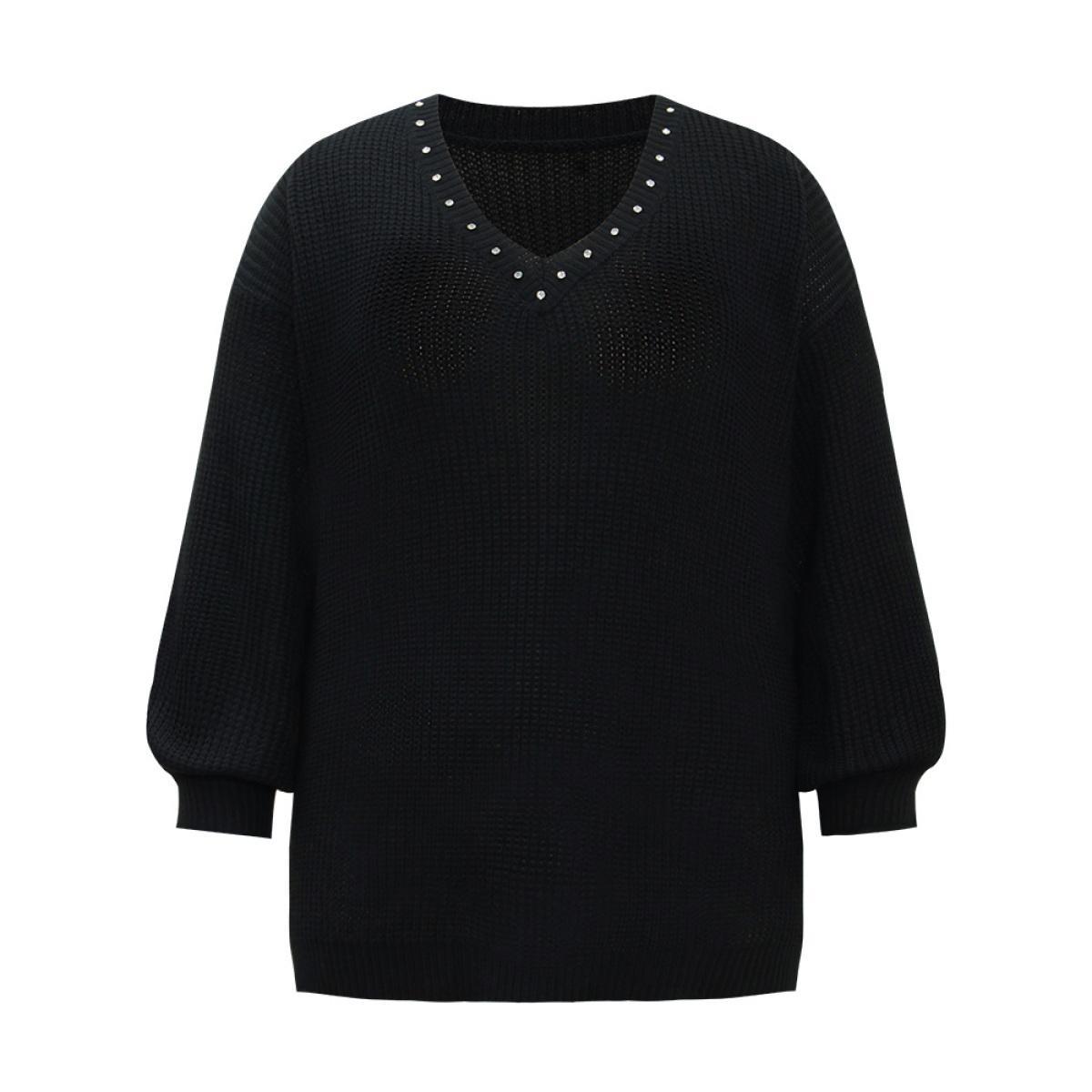 Plus Size Rhinestone V Neck Drop Shoulder Pullover Black Women Casual Loose Long Sleeve V-neck Dailywear Pullovers BloomChic 28/5X Product Image