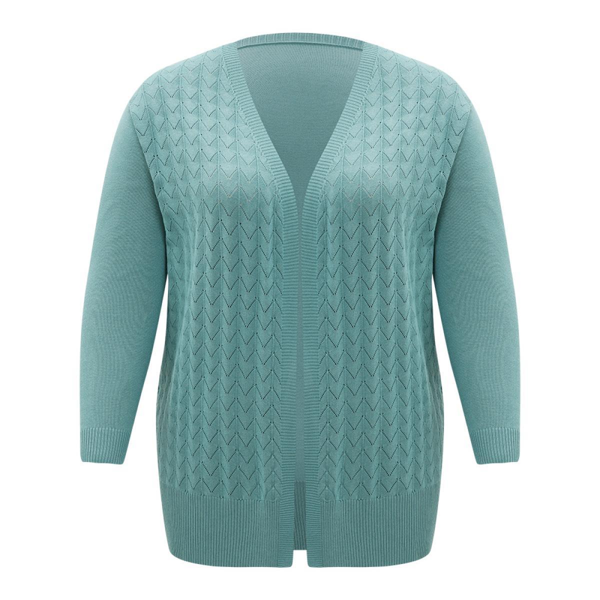 Plus Size Supersoft Essentials Geometric Eyelet Open Front Cardigan Emerald Women Casual Loose Long Sleeve Dailywear Cardigans BloomChic 10/M Product Image