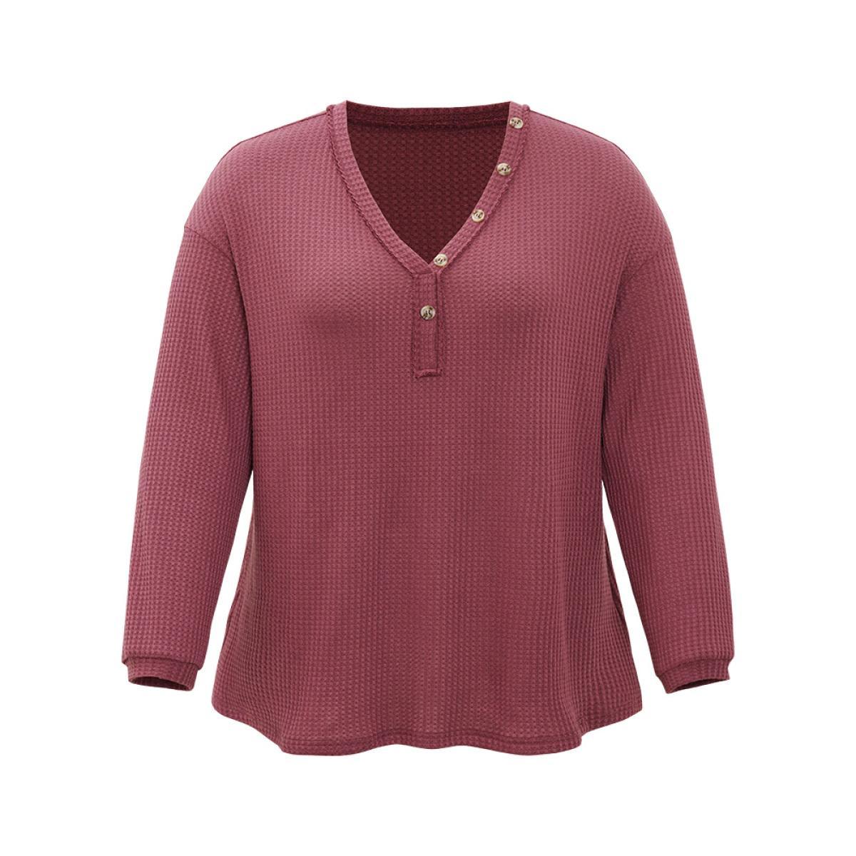 Plus Size Waffle Knit Button Detail V Neck T-shirt Russet Women Casual Elastic cuffs Plain V-neck Dailywear T-shirts BloomChic 12/L Product Image