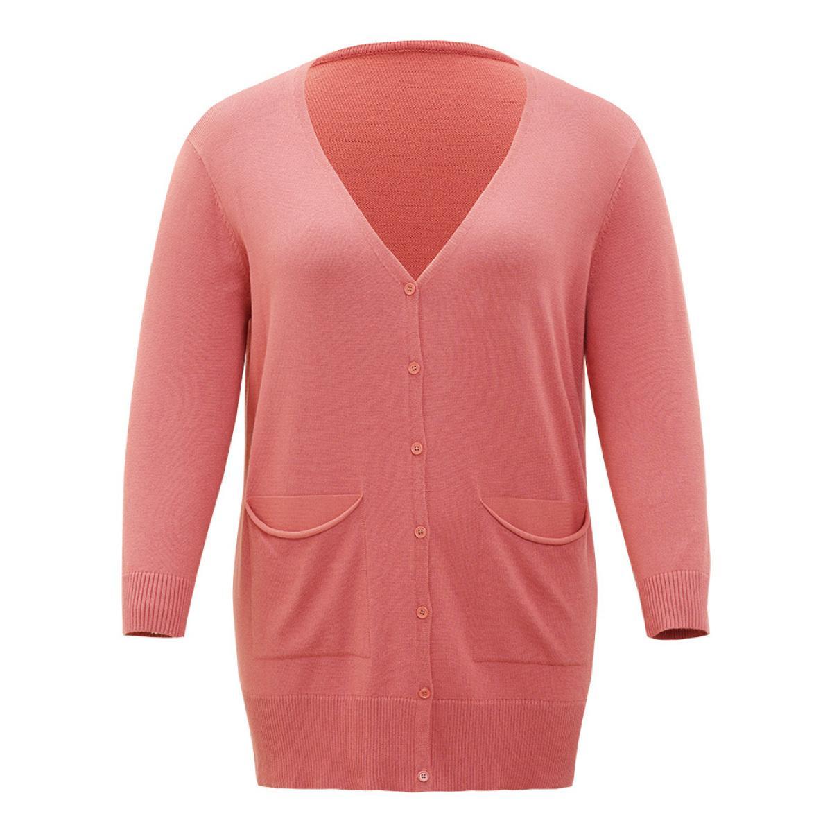 Plus Size Supersoft Essentials Solid Button Down Patched Pocket Cardigan Russet Women Casual Loose Long Sleeve Everyday Cardigans BloomChic 26/4X Product Image