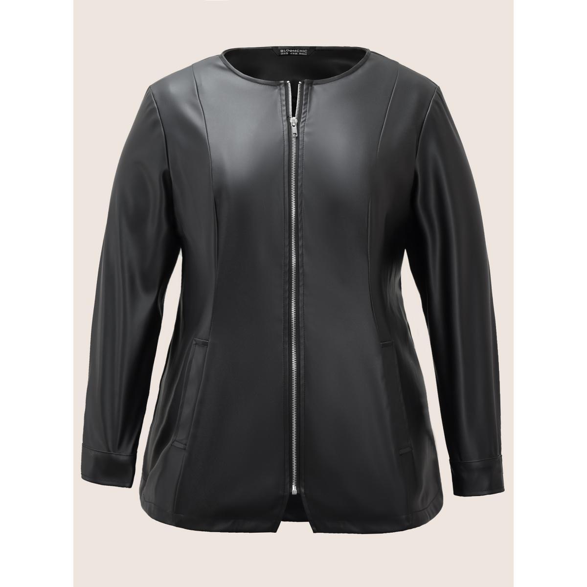 Plus Size PU Leather Pocket Zipper Jacket Women Black Non Side seam pocket Everyday Jackets BloomChic 30/6X Product Image
