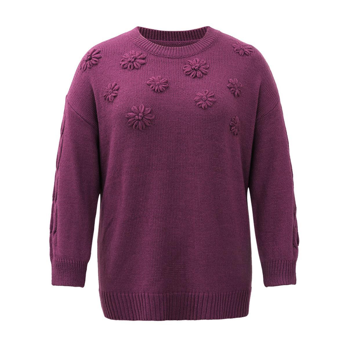 Plus Size Plisse Floral Solid Elastic Cuffs Pullover Purple Women Casual Loose Long Sleeve Round Neck Dailywear Pullovers BloomChic 28/5X Product Image