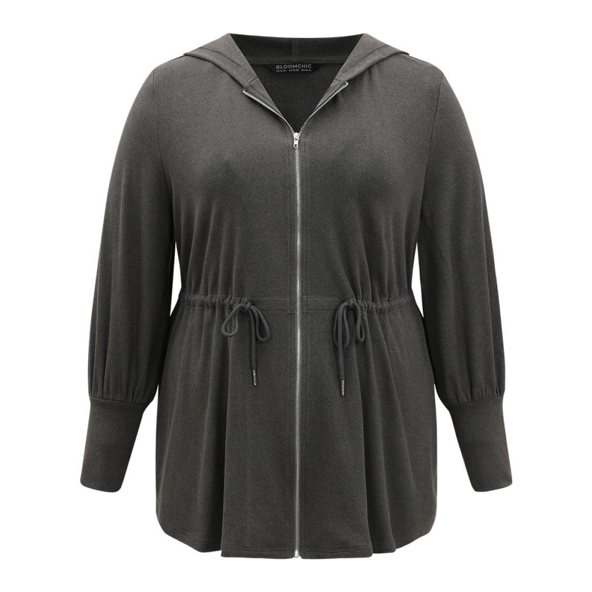 Plus Size Solid Drawstring Hooded Pocket Zipper Sweatshirt Women Gray Casual Plain Hooded Everyday Sweatshirts BloomChic 14-16/1X Product Image
