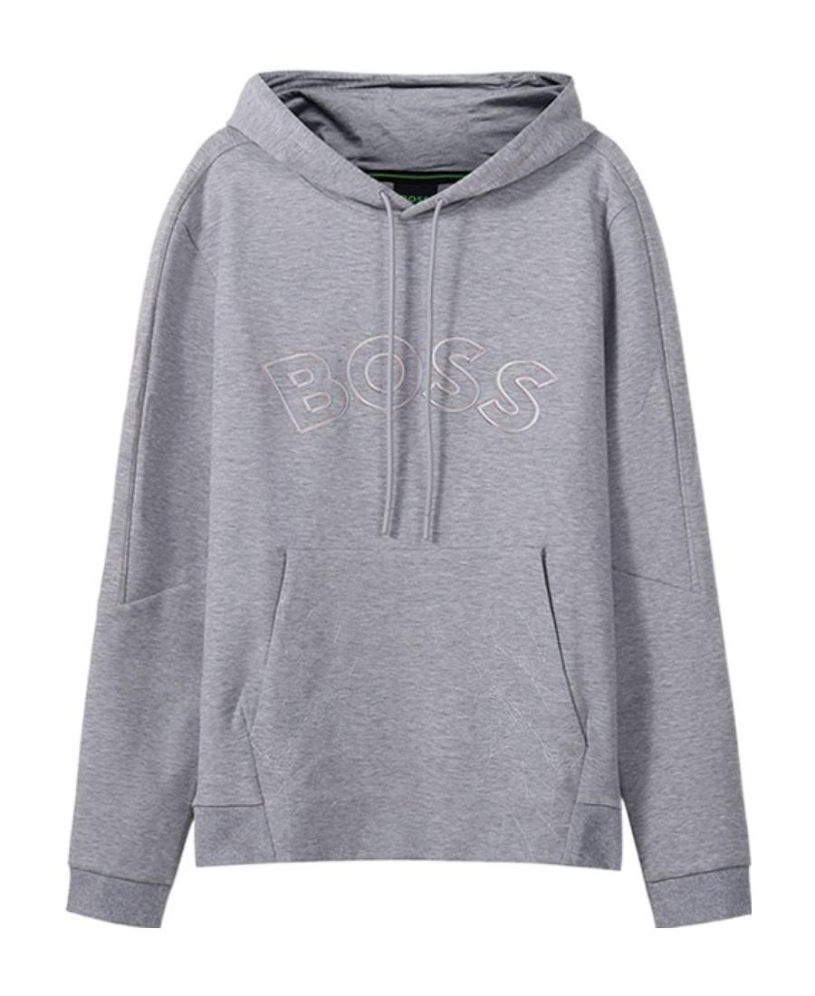 HUGO BOSS Curved Logo-embroidered Drawstring Hoodie In Gray Product Image