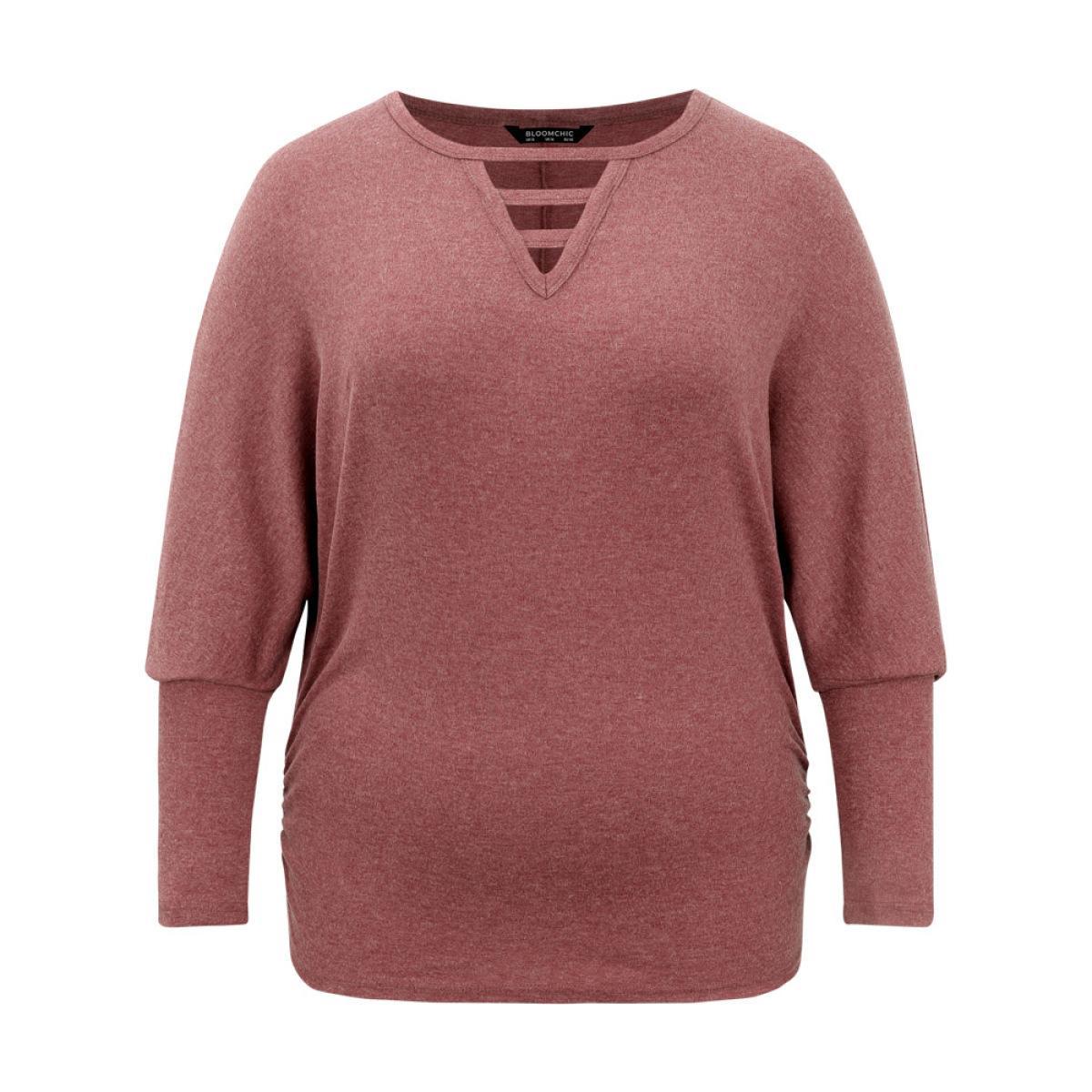 Plus Size Solid Heather Keyhole Batwing Sleeve T-shirt Russet Women Casual Plain Plain Keyhole Cut-Out Everyday T-shirts BloomChic 26/4X Product Image