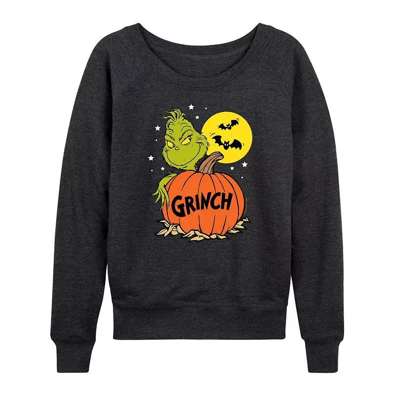 Womens Dr. Seuss Grinch Halloween Pumpkin French Terry Long Sleeve Tee Grey Indigo Product Image