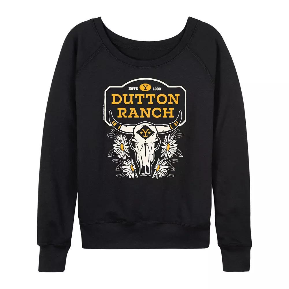 Womens Yellowstone Dutton Ranch Skull French Terry Long Sleeve Tee Heather Grey Product Image