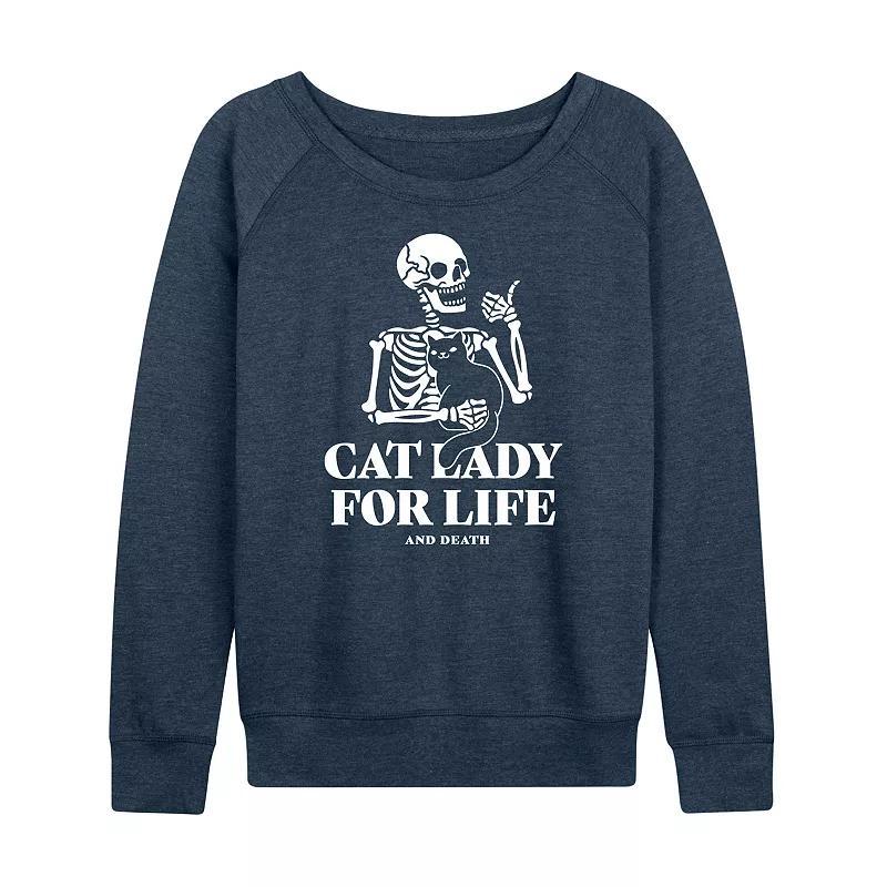 Womens Cat Lady For Life Skeleton French Terry Long Sleeve Tee Grey Blue Product Image
