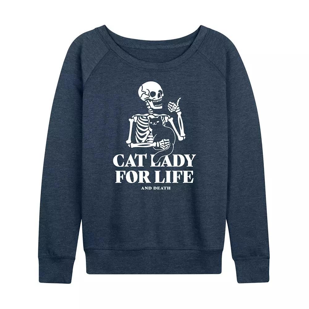 Womens Cat Lady For Life Skeleton French Terry Long Sleeve Tee Grey Blue Product Image