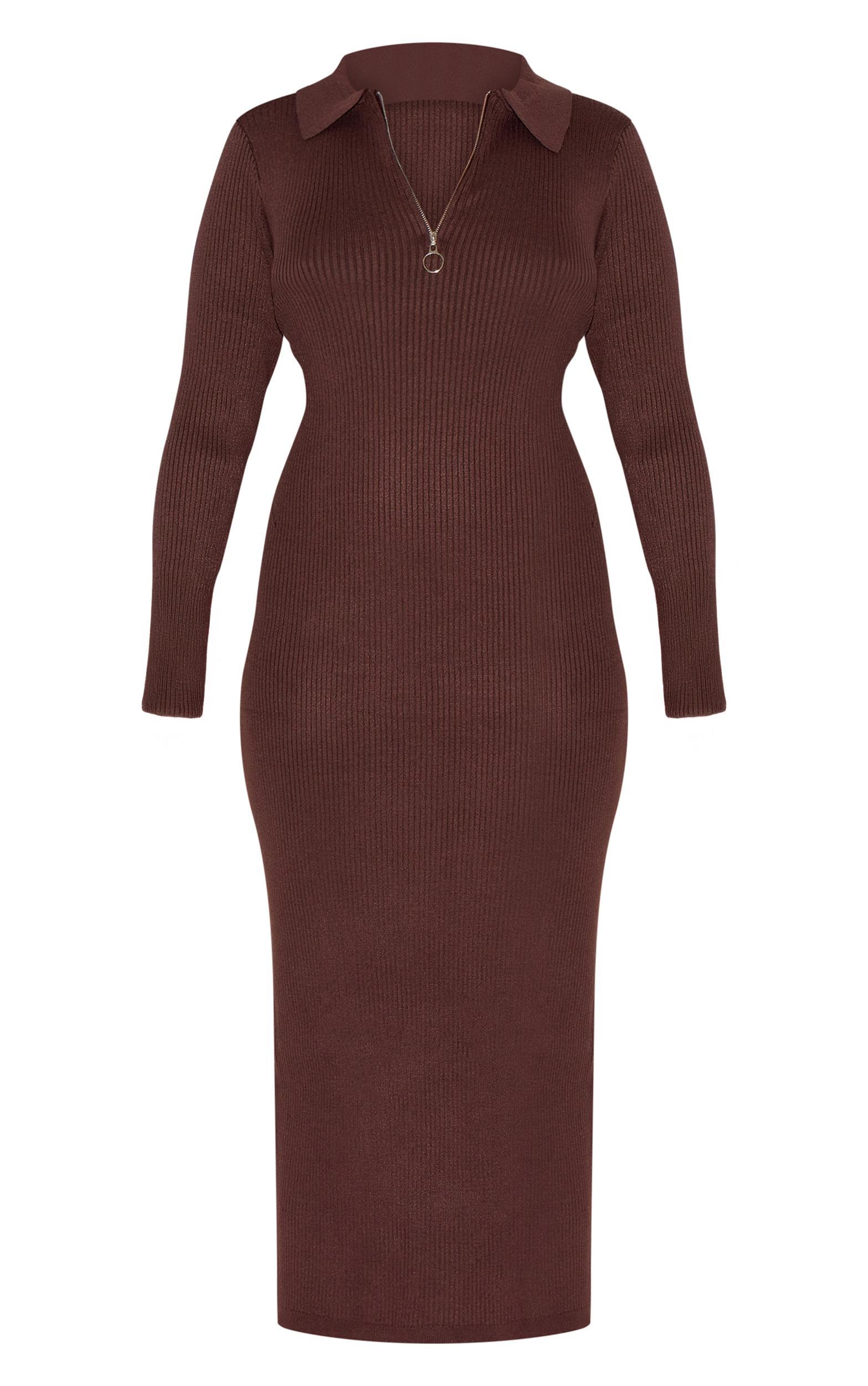 Plus Chocolate Half Zip Collared Detail Midaxi Dress Product Image