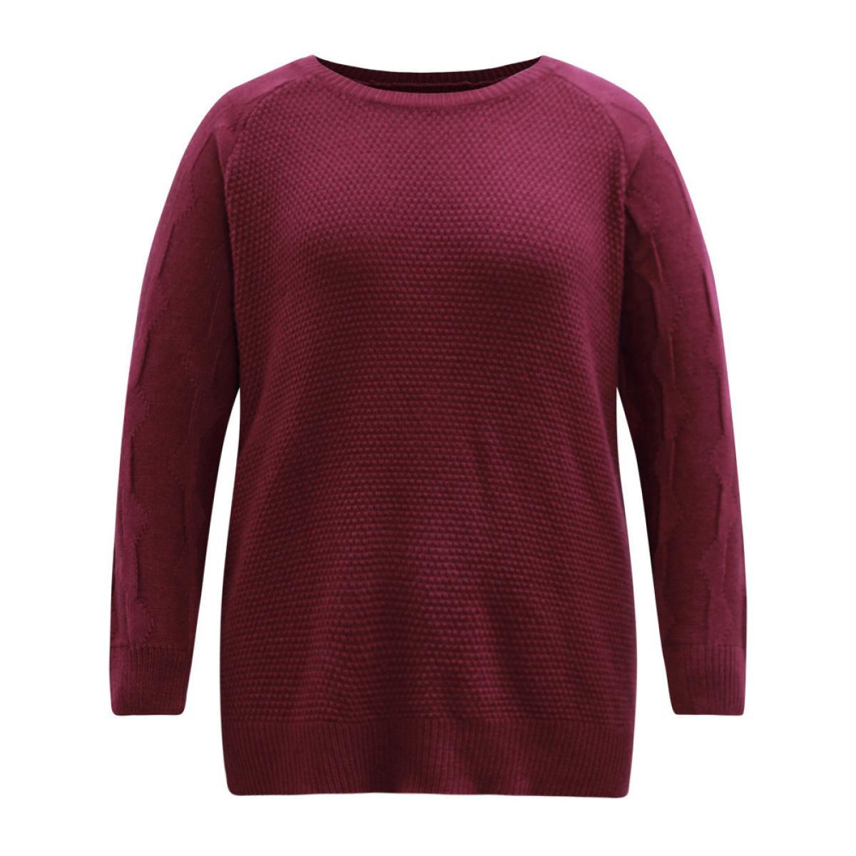 Plus Size Plain Texture Knit Raglan Sleeve Pullover Burgundy Women Casual Loose Long Sleeve Round Neck Dailywear Pullovers BloomChic 12/L Product Image