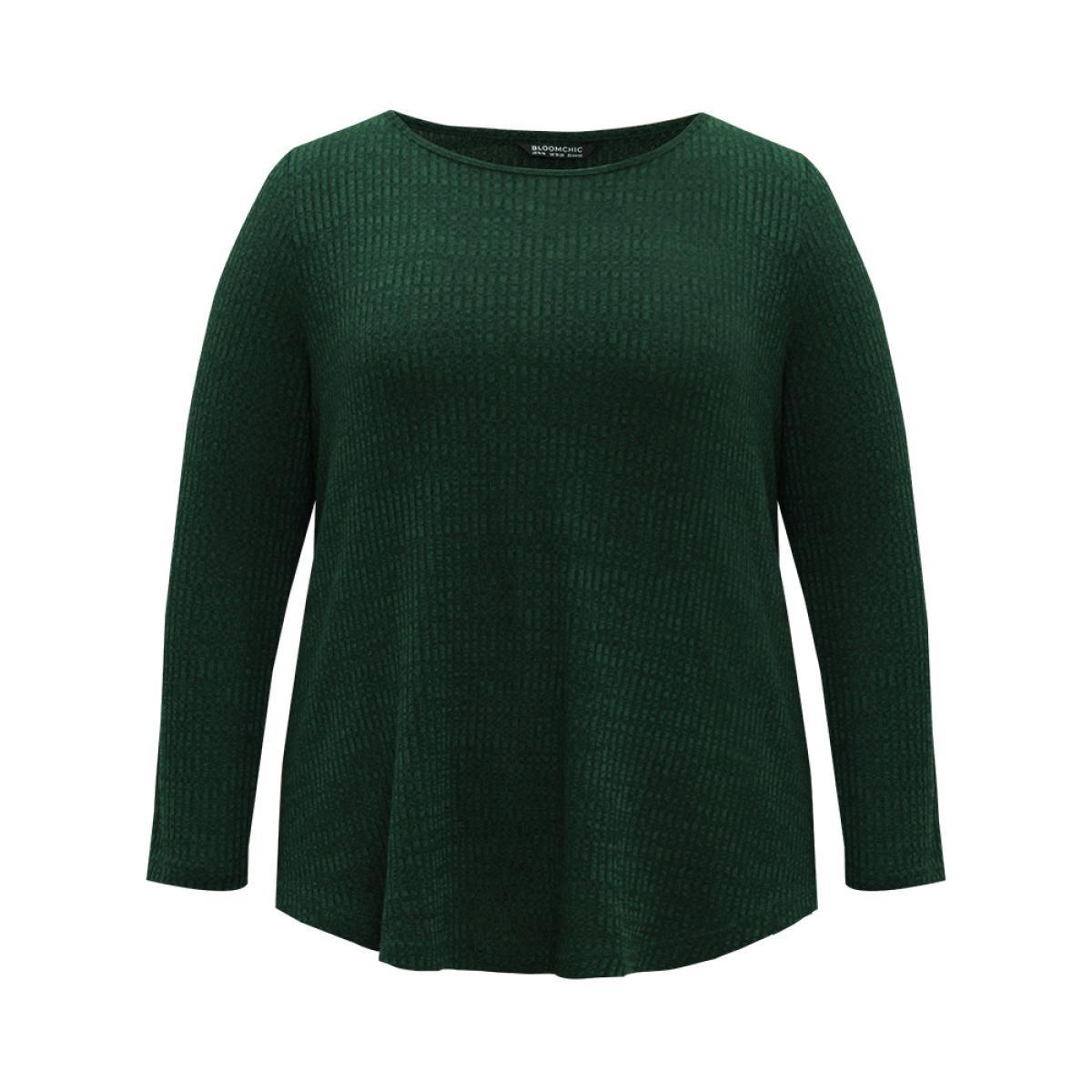 Plus Size Rib Knit Solid Crew Neck Button Detail T-shirt DarkGreen Women Casual Texture Plain Round Neck Dailywear T-shirts BloomChic 10/M Product Image