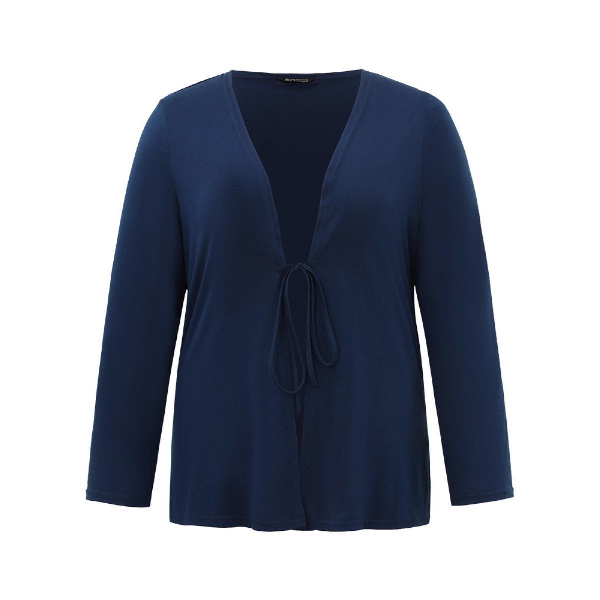 Plus Size Plain Ties Open Front Kimono Women DarkBlue Casual Plain Everyday Kimonos BloomChic 26/4X Product Image
