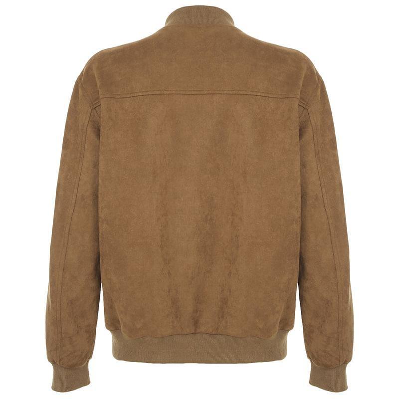 Plain Faux Suede Zip Baseball Jacket Product Image