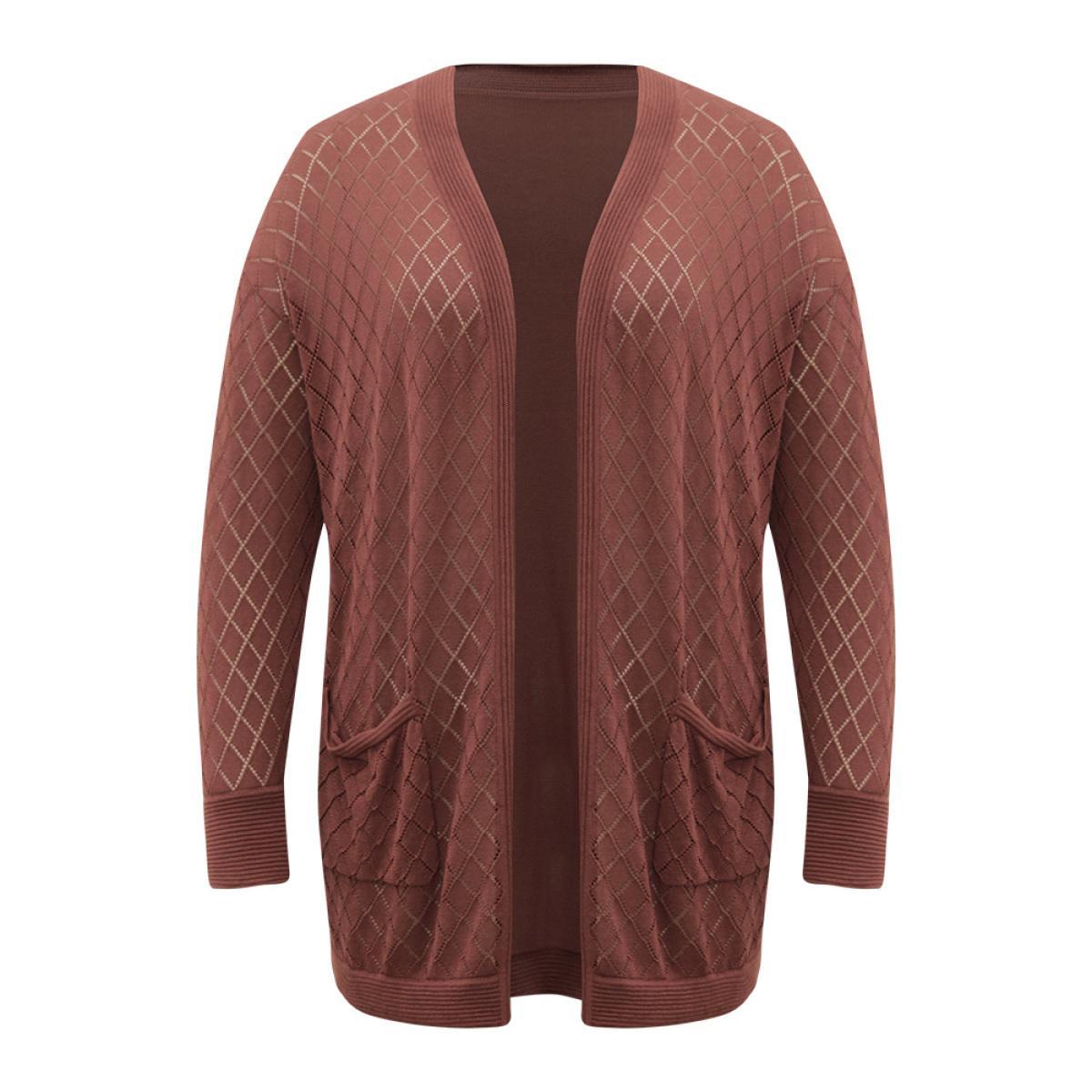 Plus Size Plain Geometric Hollow Out Pocket Cardigan Rust Women Casual Loose Long Sleeve Everyday Cardigans BloomChic 14-16/1X Product Image