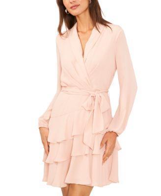 CeCe Womens Shawl Collar Long-Sleeve Tiered Dress Product Image