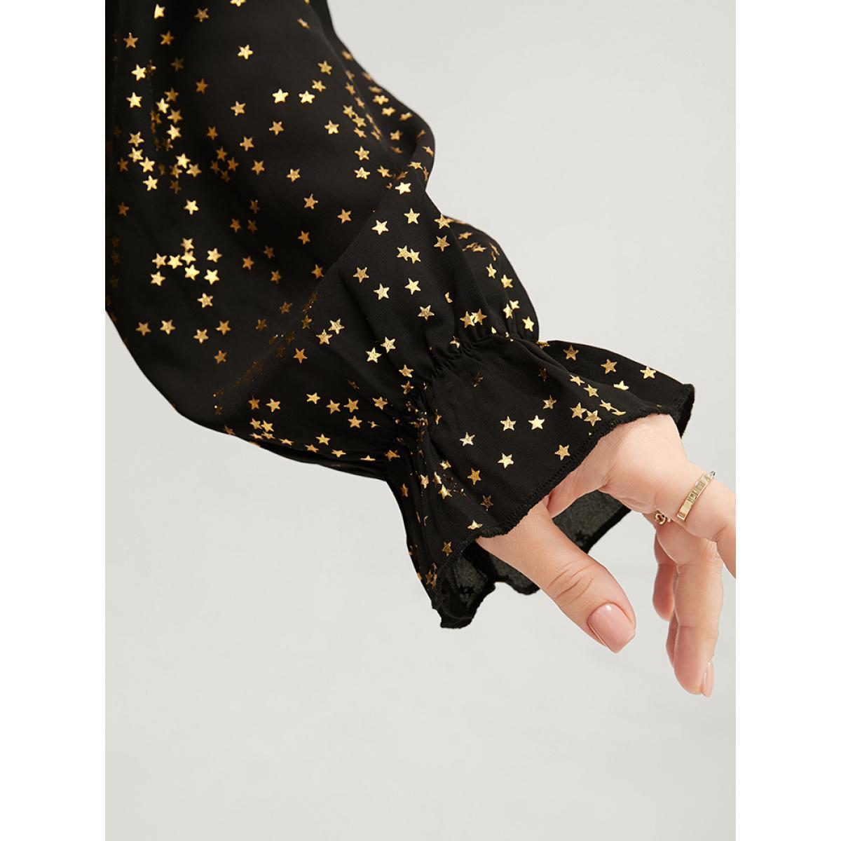 Plus Size Black Star Print Lantern Sleeve Asymmetrical Ruffles Hem Wrap Blouse Women Party Long Sleeve V-neck Going out Blouses BloomChic 26/4X Product Image