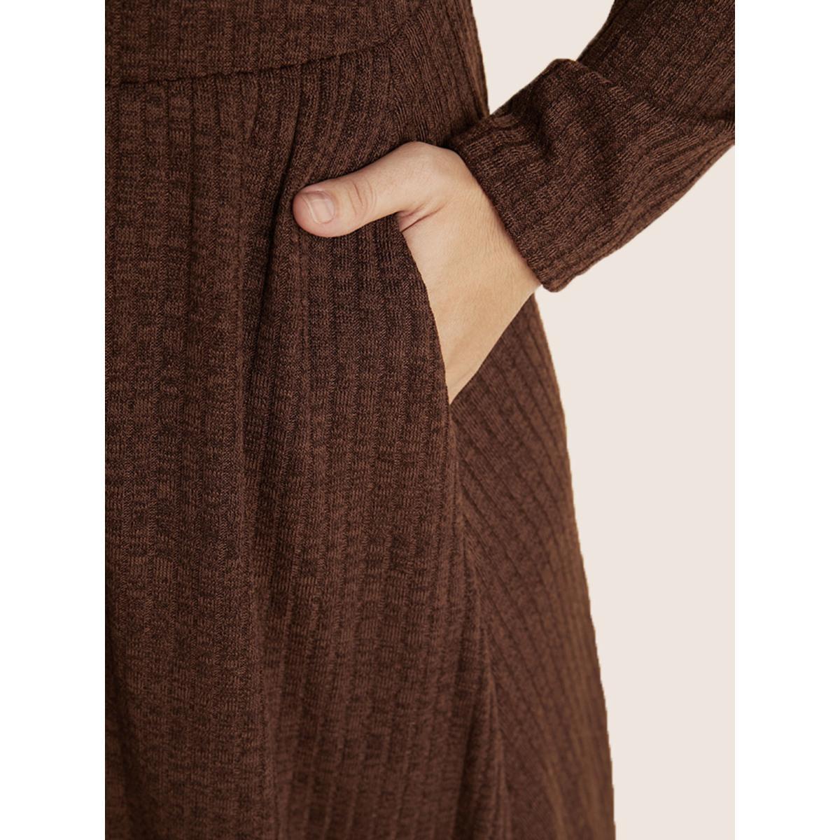 Plus Size Solid Pocket Rib Knit Ruffle Hem Dress Without Belt ArmyGreen Women Basics Non Round Neck Long Sleeve Curvy Midi Dress BloomChic 14-16/1X Product Image
