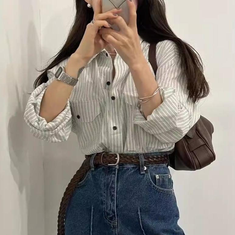 Long Sleeve Collared Striped Button Up Shirt Product Image