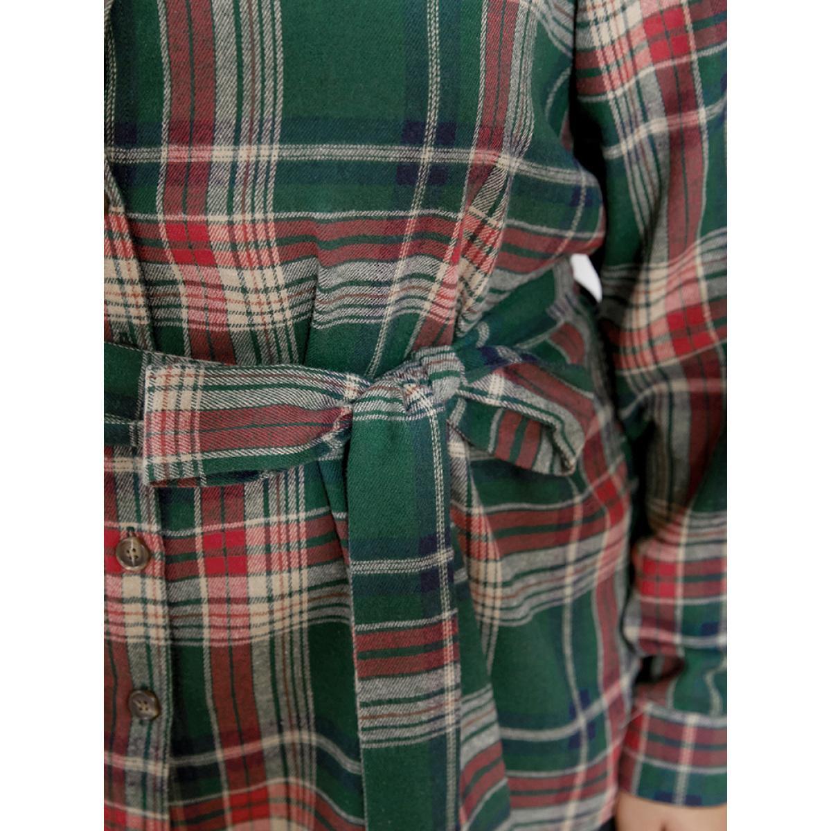 Plus Size DarkGreen Plaid Button Up Belted Blouse Women Casual Long Sleeve Shirt collar Festival-Christmas Blouses BloomChic 26/4X Product Image