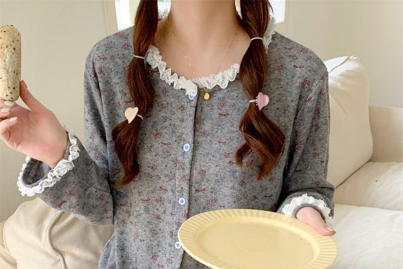 Pajama Set: Long Sleeve Round Neck Floral Print Ruffle Button Top + Straight Leg Pants Product Image