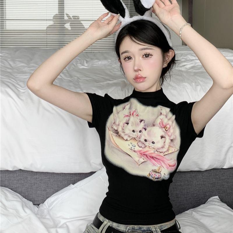 Mock Neck Cat Print Slim Fit Crop Top (Various Designs) Product Image