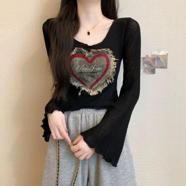 Long-Sleeve Scoop Neck Heart Denim Patchwork Lettuce Edge Crop Knit Top Product Image