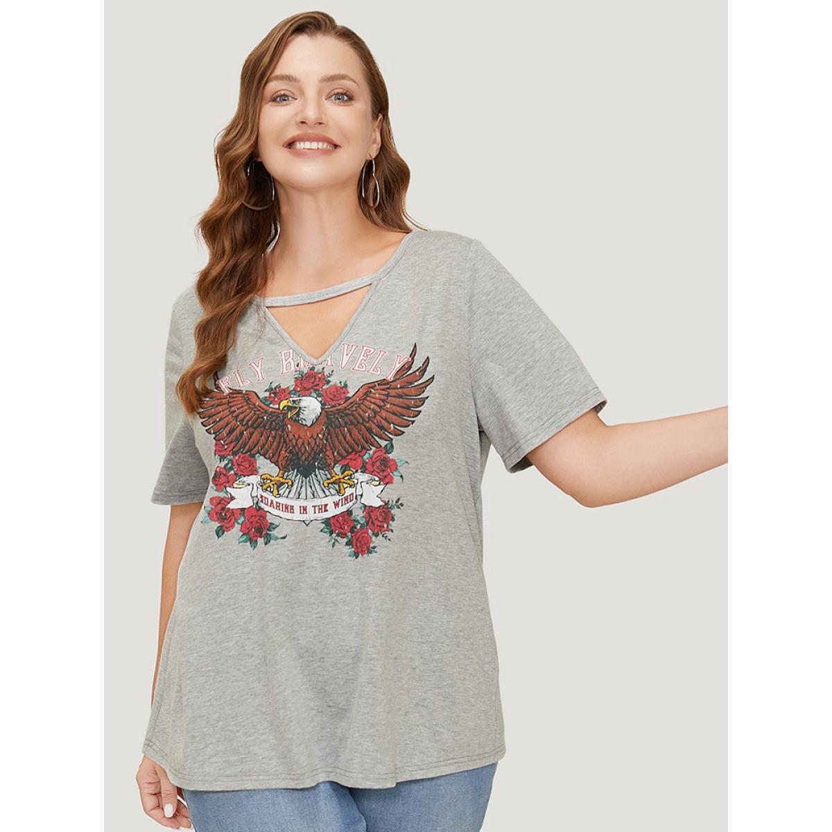 Plus Size Eagle & Floral Print Keyhole Neck T-shirt Gray Women Casual Keyhole Western Dailywear T-shirts BloomChic 14-16/1X Product Image