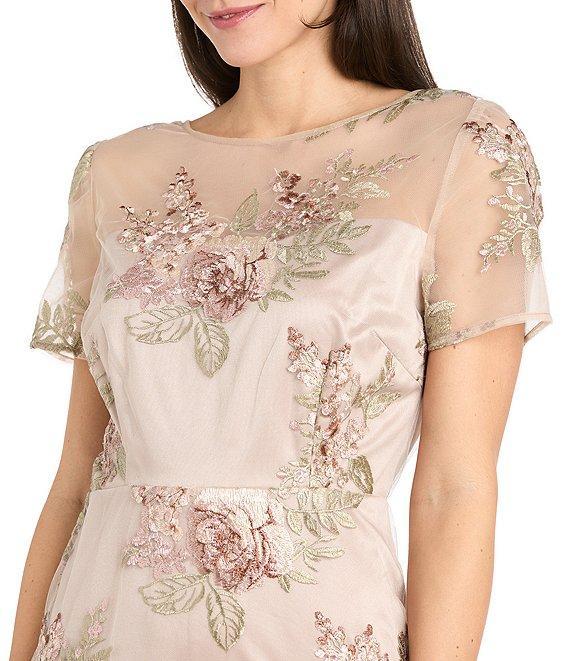 R & M Richards Petite Size Embroidered Floral Crew Neck Short Sleeve Flounce Hem Midi Dress Product Image