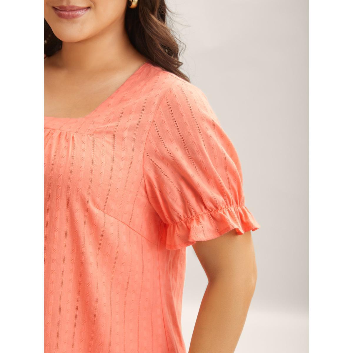 Plus Size Salmon Cotton Square Neck Ruffled Sleeve Shirt Women Elegant Short sleeve Square Neck Everyday Blouses BloomChic 12/L Product Image