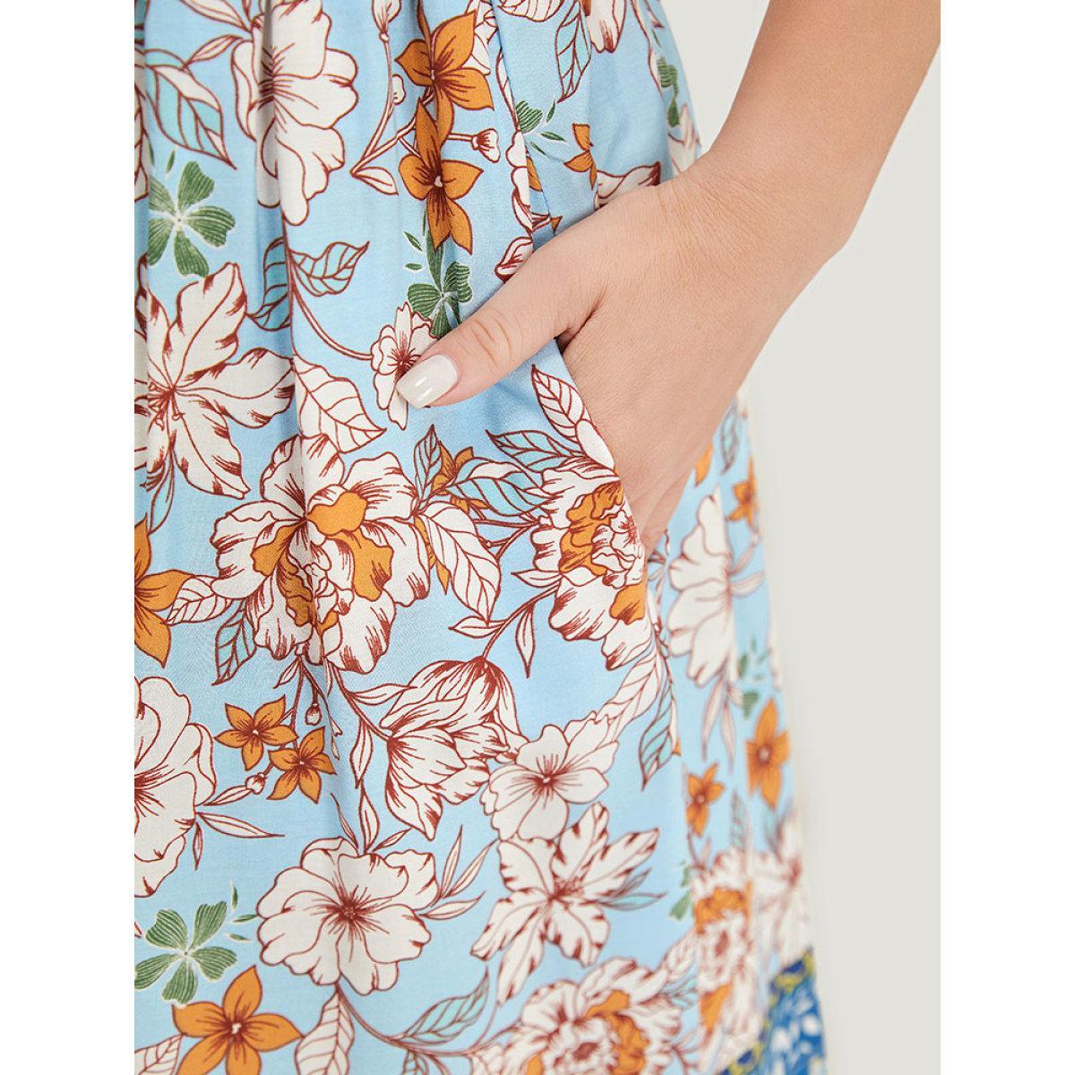 Plus Size Bandana Shirred Ruffle Hem Pocket Button Detail Dress Stone Women Vacation Gathered Round Neck Short sleeve Curvy Midi Dress BloomChic 12/L Product Image