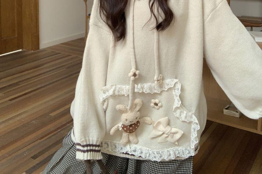 Rabbit Accent Lace Trim Oversized Knit Hoodie Product Image