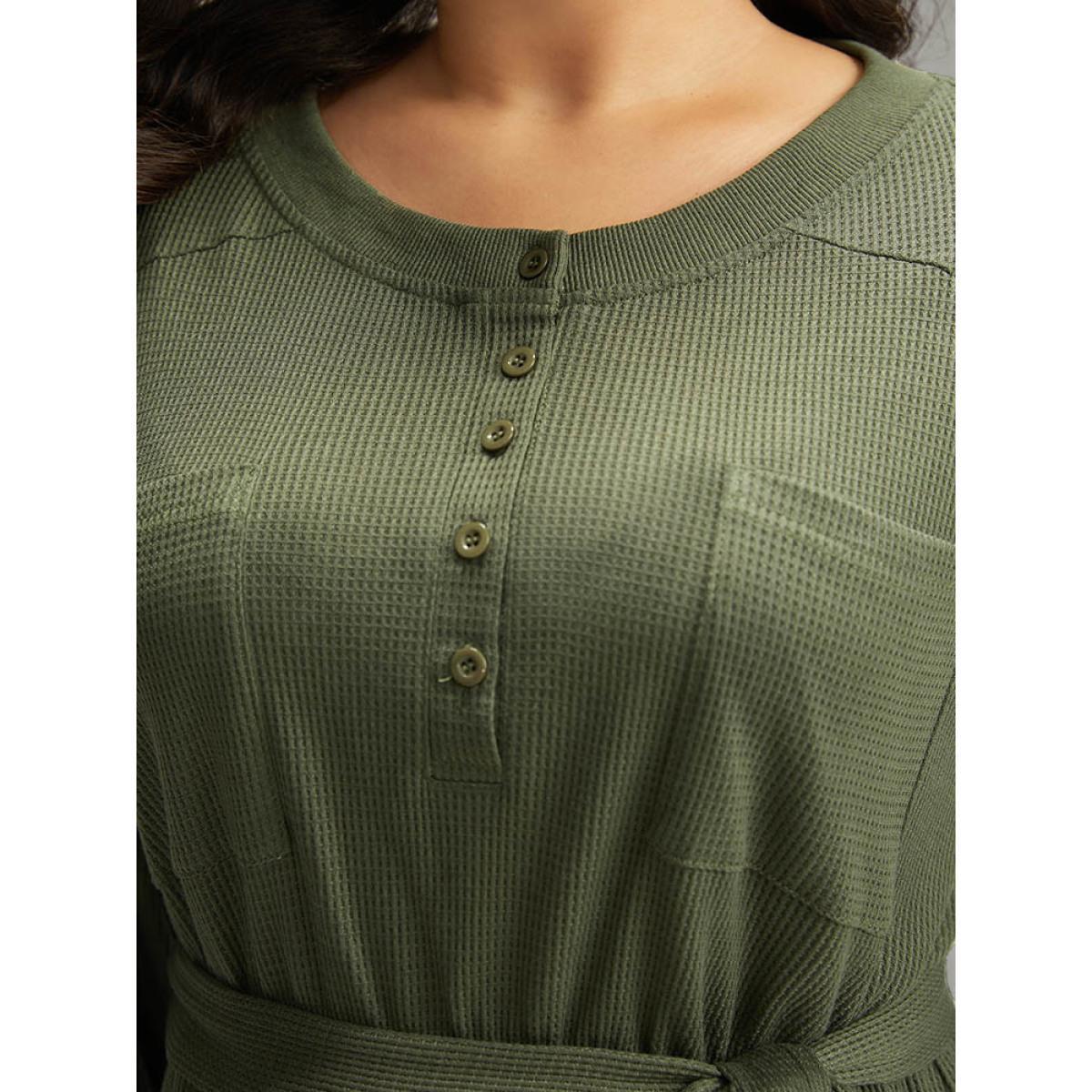 Plus Size Plain Textured Belted Button Up Dress ArmyGreen Women Casual Texture Round Neck Long Sleeve Curvy Midi Dress BloomChic 10/M Product Image