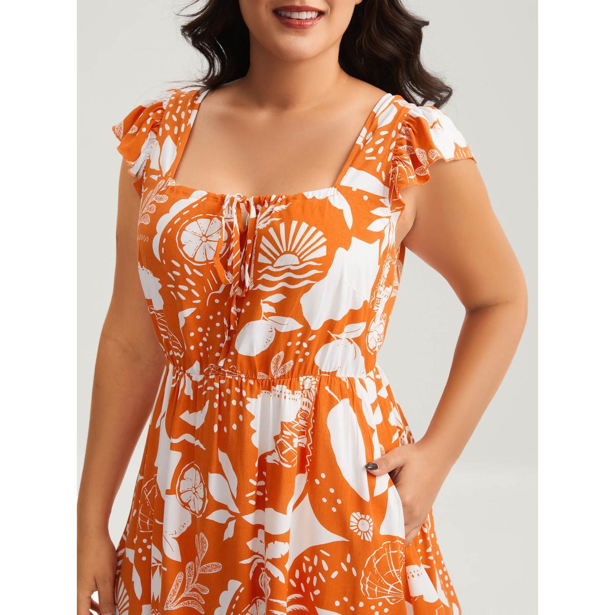 Plus Size Rayon Fruity Floral Neck Tie Midi Dress Coral Women Square Neck Cap Sleeve Curvy BloomChic 14-16/1X Product Image