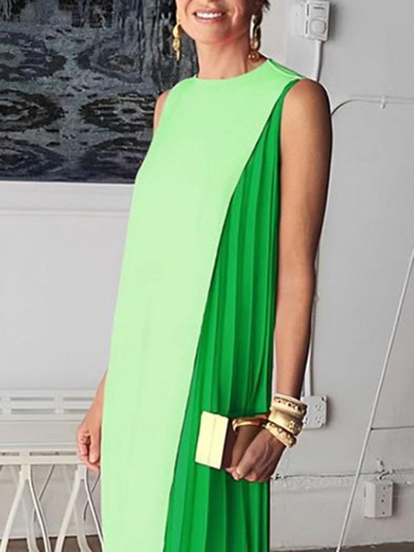 Loose Sleeveless Asymmetric Contrast Color Pleated Split-Joint Round-Neck Maxi Dresses Product Image