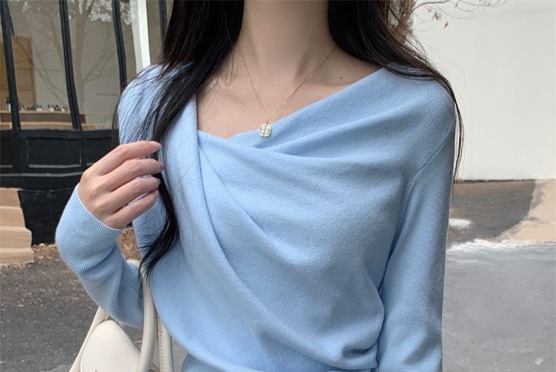 Long-Sleeve Asymmetrical Neck Plain Knit Top Product Image