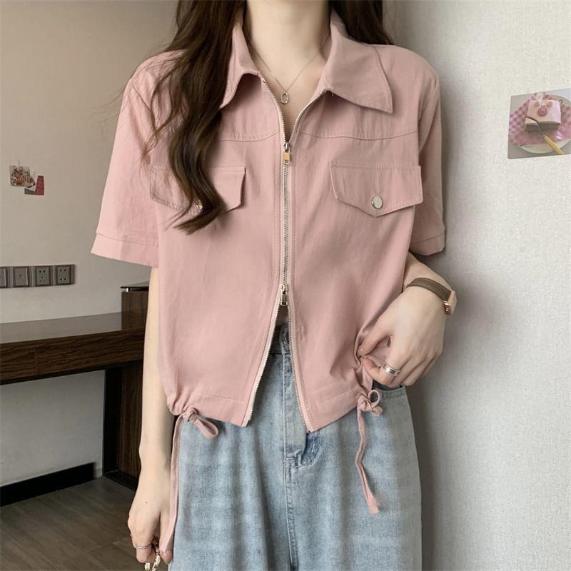 Short-Sleeve Pocketed Zip-Up Plain Crop Shirt Product Image