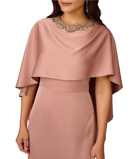 Aidan Mattox Crepe Back Satin Cape Beaded Neck Applique Dress Product Image