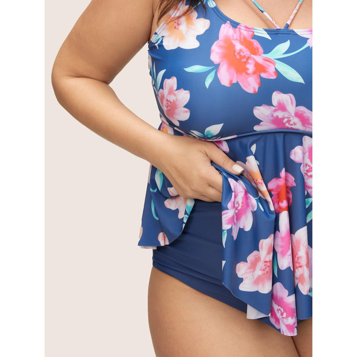Plus Size Floral Ruffle Hem Adjustable Straps One Piece Swimsuit Women's Swimwear Cerulean Beach Non Curve Bathing Suits High stretch One Pieces BloomChic 18-20/2X Product Image