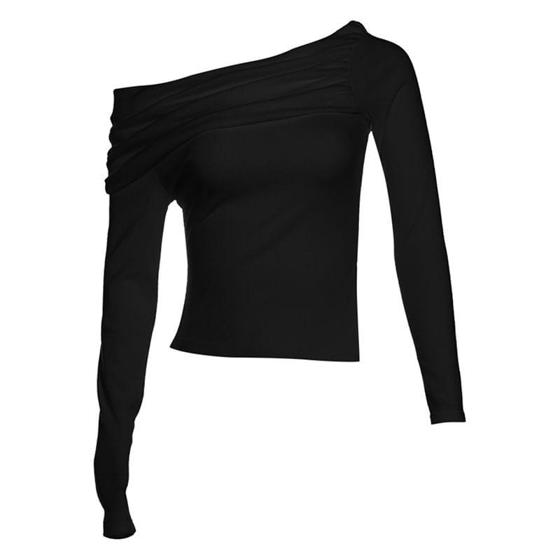 Long-Sleeve Off-Shoulder Plain Side-Slit T-Shirt Product Image