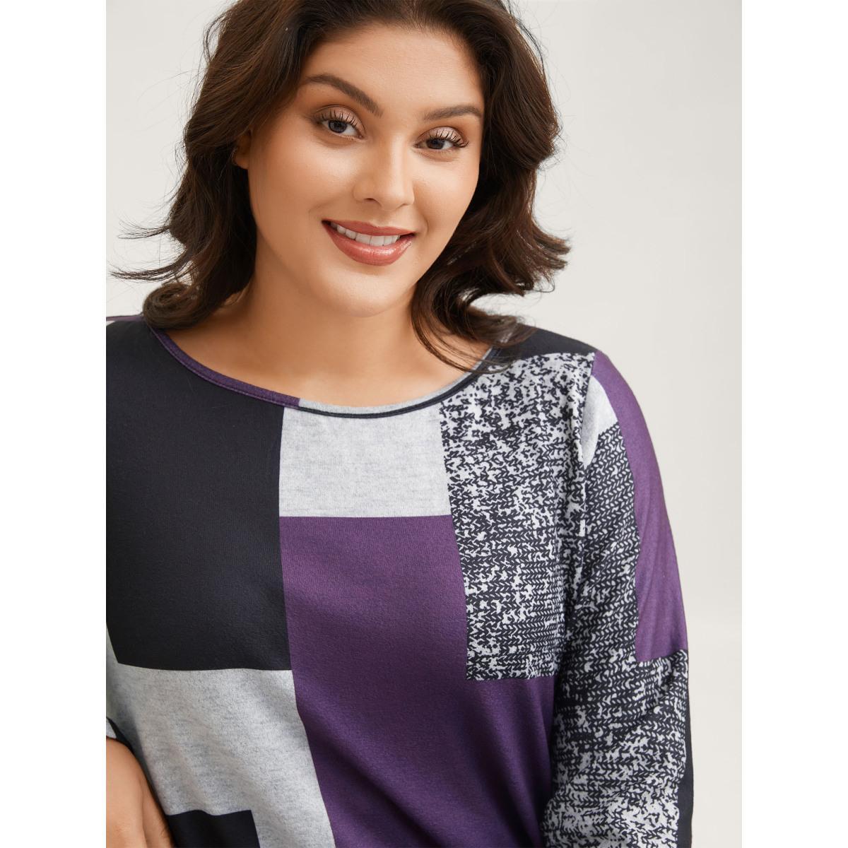Plus Size Colorblock Contrast Round Neck T-shirt Eggplant Women Elegant Contrast Colorblock Boat Neck Dailywear T-shirts BloomChic 26/4X Product Image
