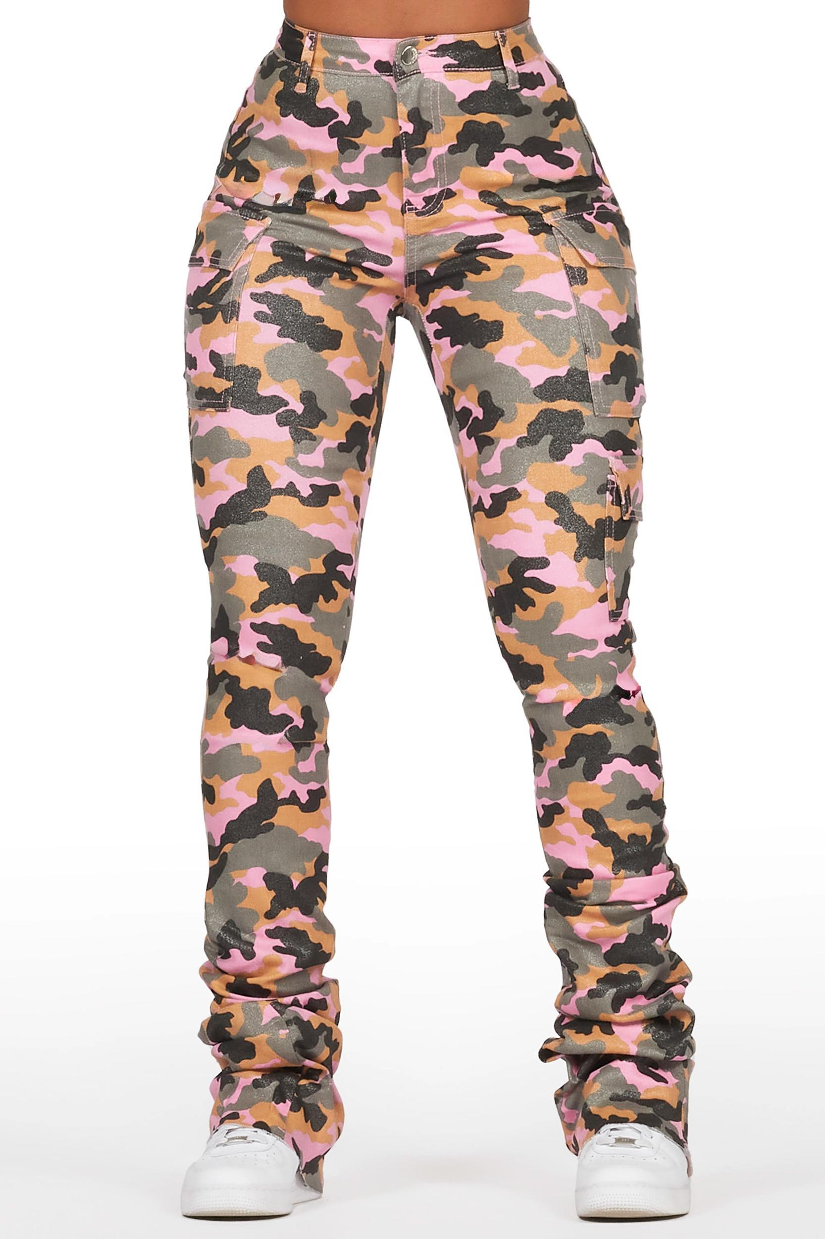 Alaysha Pink Camo Cargo Super Stacked PU Pant Female Product Image