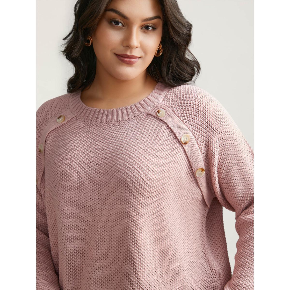 Plus Size Plain Textured Button Detail Curved Hem Pullover Dirtypink Women Casual Loose Long Sleeve Round Neck Everyday Pullovers BloomChic 26/4X Product Image
