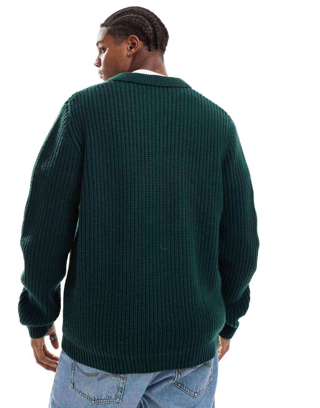ASOS DESIGN wool mix oversized heavyweight quarter zip rib sweater with collar in dark green Product Image