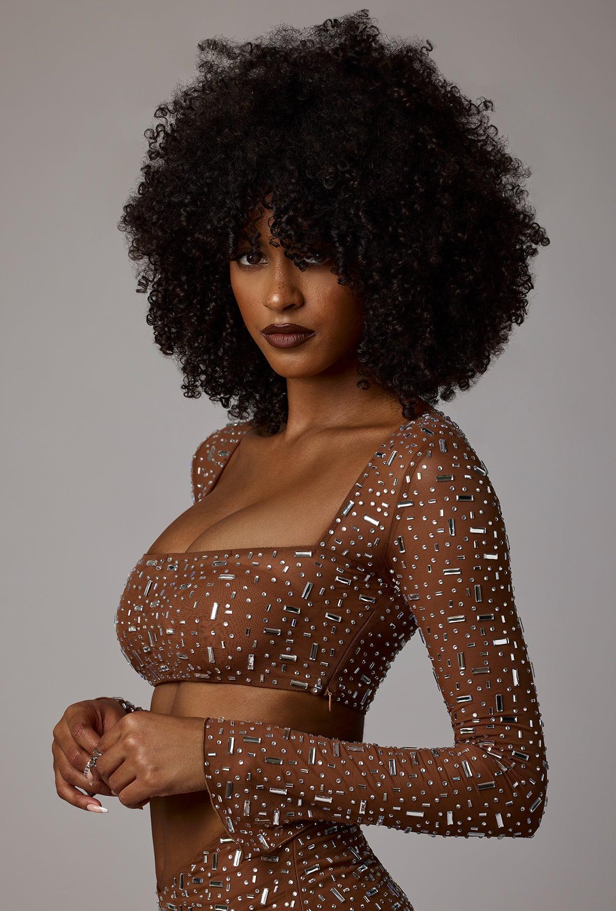 Sheer Embellished V Waist Mini Skirt in Mocha Product Image