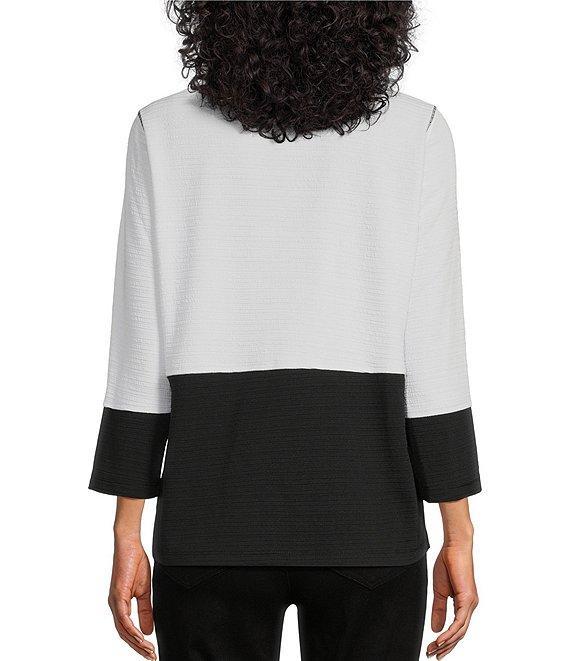 Multiples Petite Size Solid Stripe Jacquard Stand Collar 3/4 Sleeve Fitted Button Front Jacket Product Image