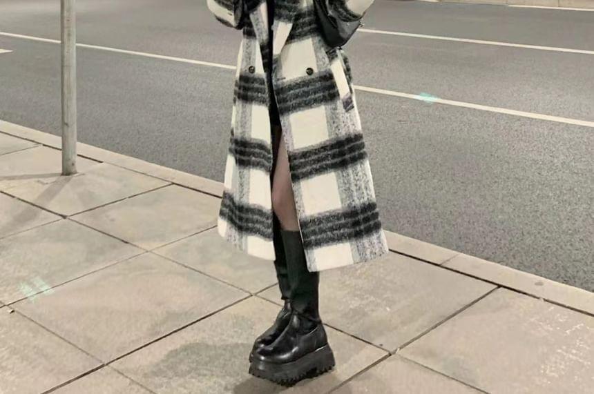 Lapel Collar Plaid Midi Double-Breasted Coat Product Image